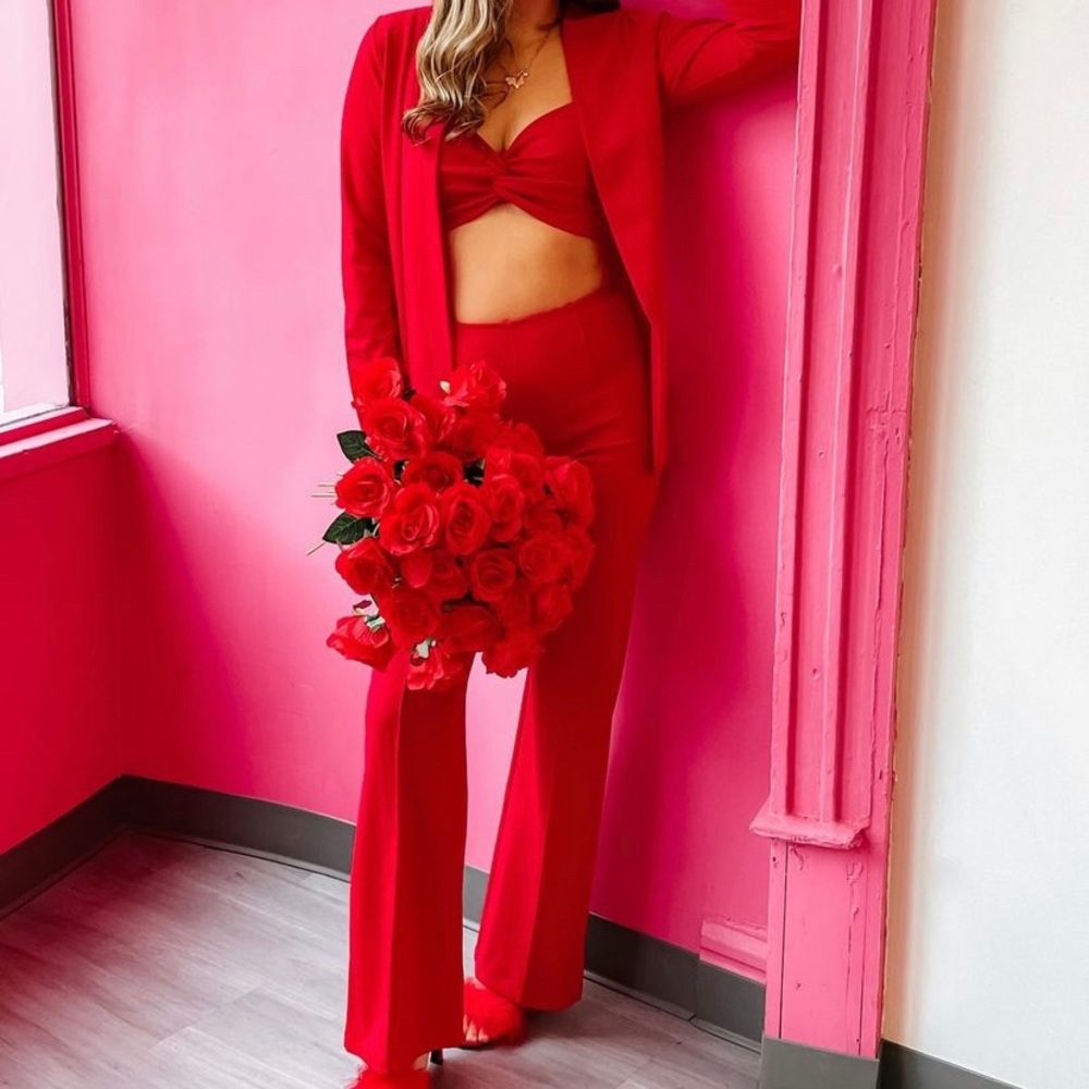 Three (3) piece red blazer, pants, bralette set in large